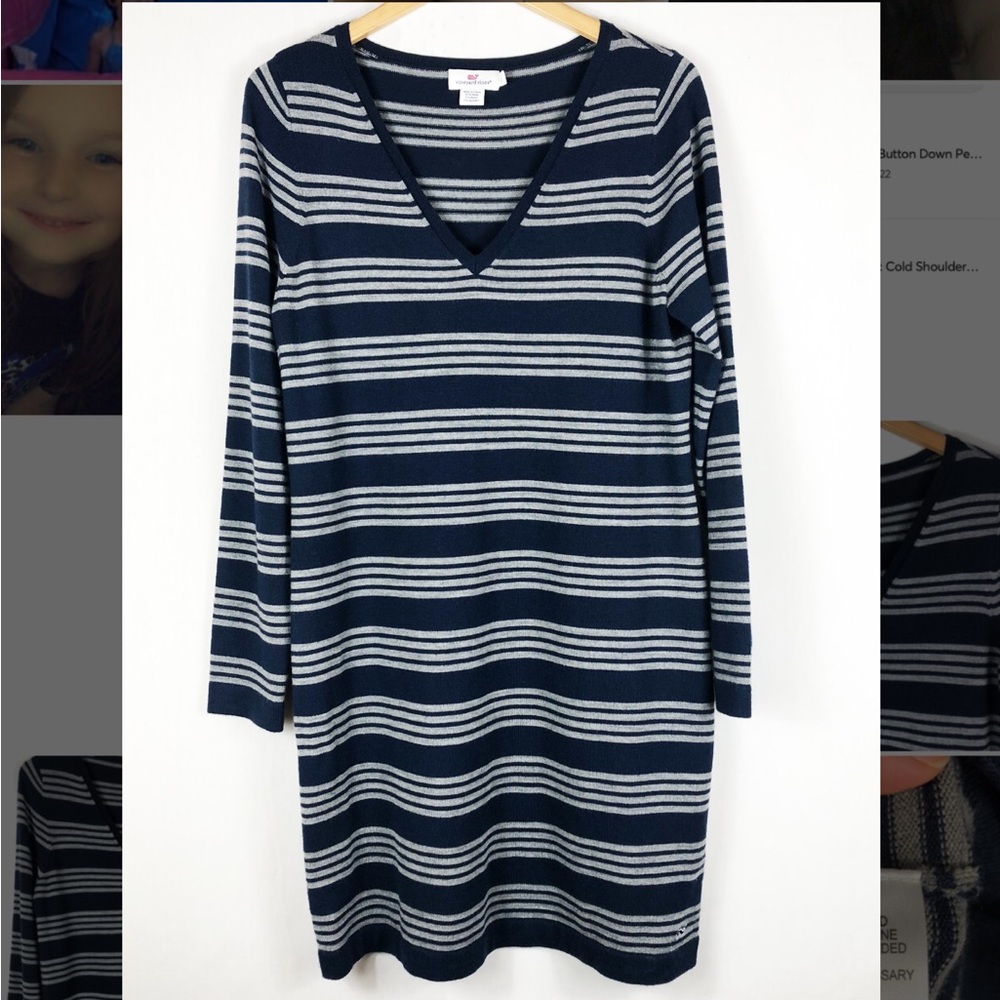 Vineyard Vines Wool Striped Sweater Dress | Blue White | Large - Picture 2 of 9